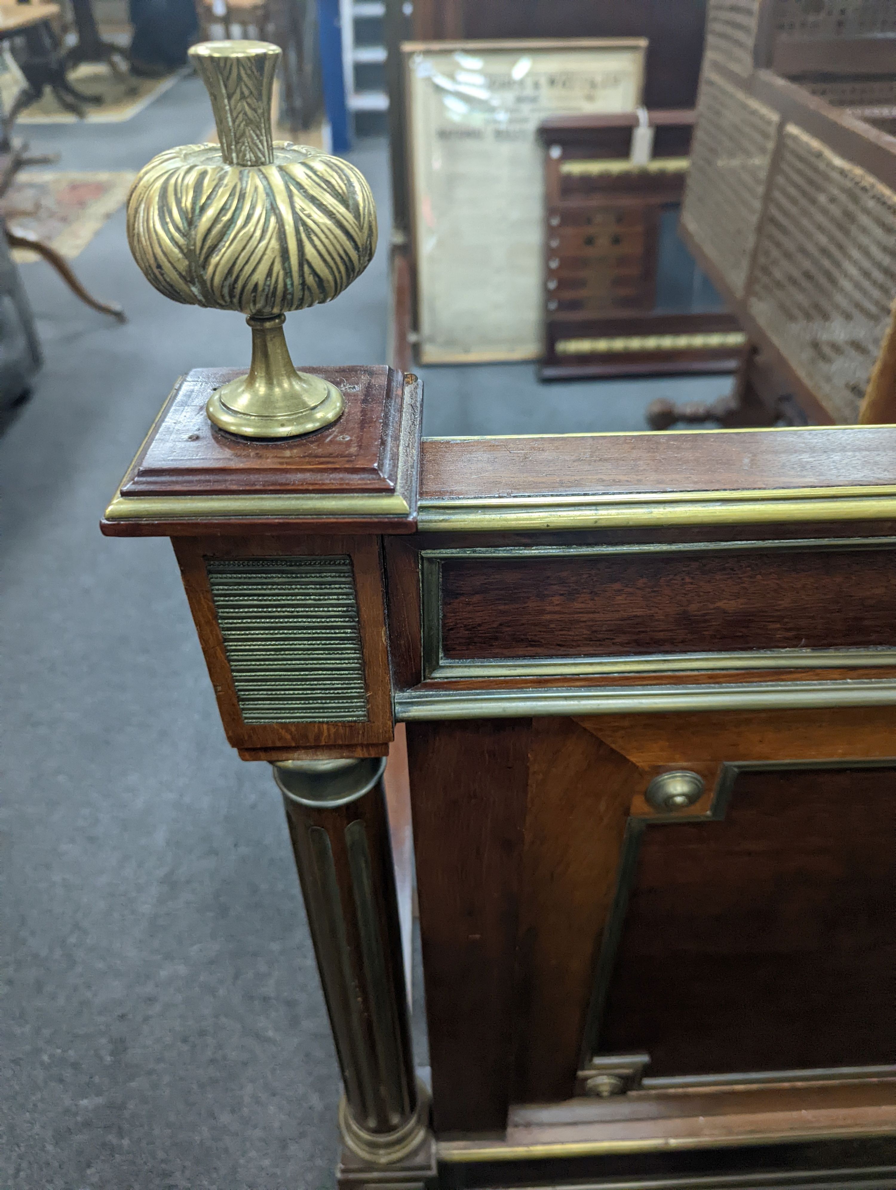 A Louis XVI style brass inlaid mahogany double bed frame, width 143cm, length 204cm